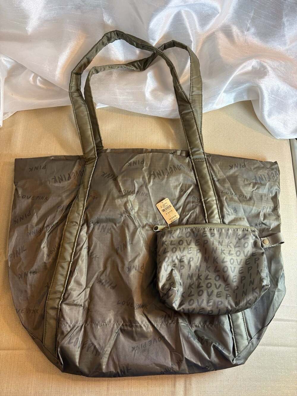 Victoria's Secret PINK Olive Green Logo Print Packable Tote Bag with Pouch